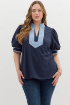 Solid cuff band short bubble sleeve pullover top